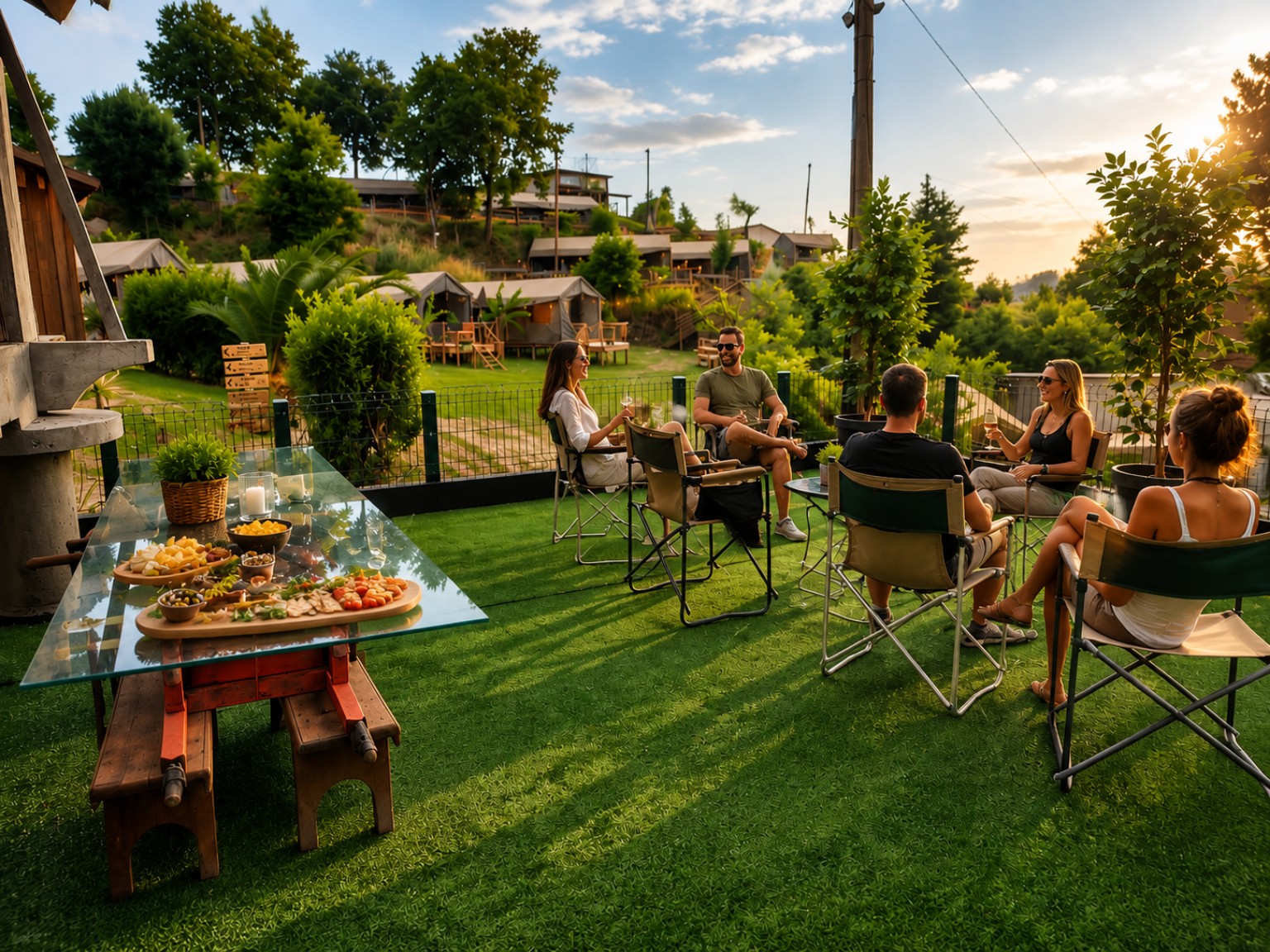 Convívio ao final da tarde na área de entretenimento superior da Safari Glamping