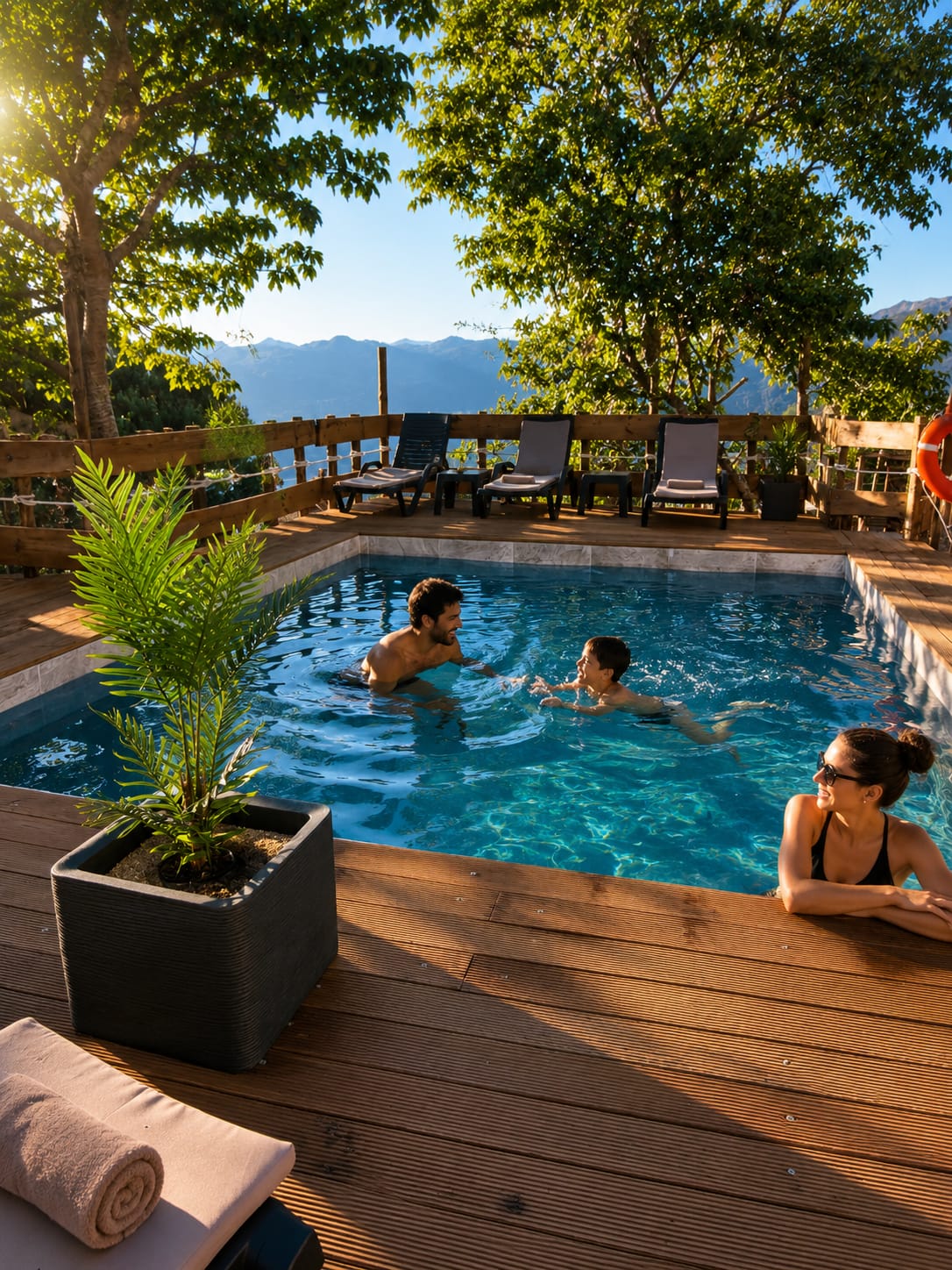 Família na piscina do Safari Glamping, rodeada de montanhas