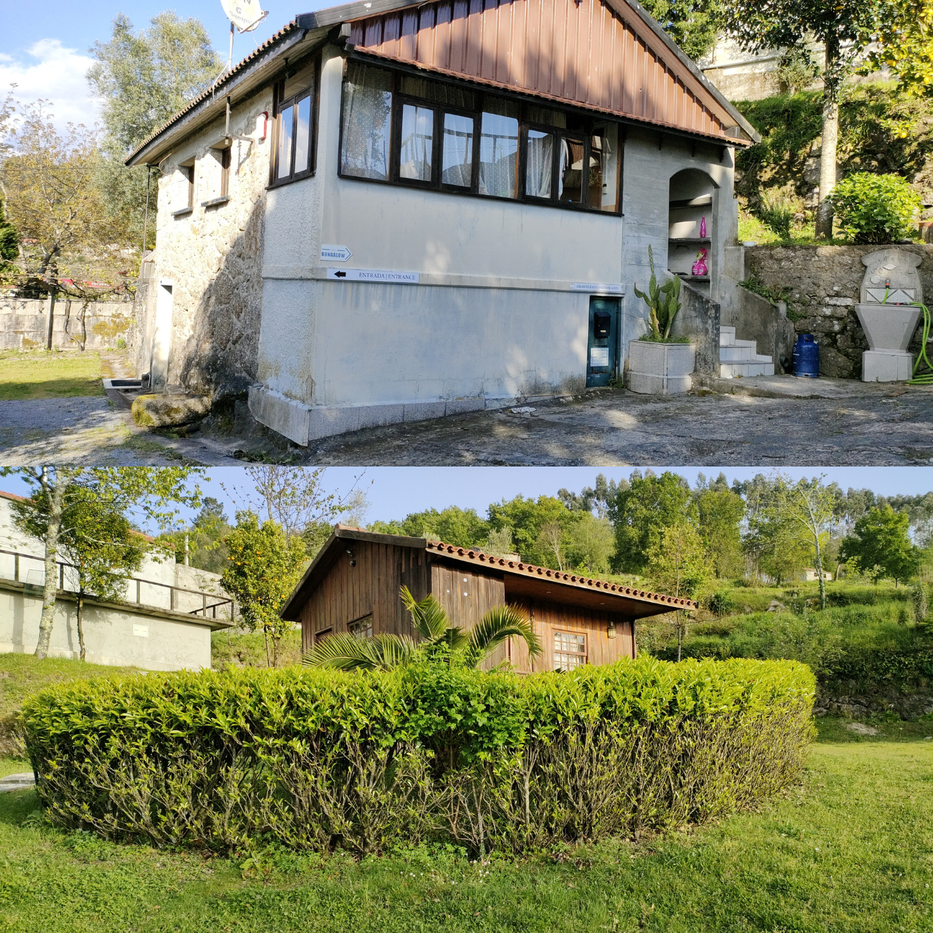 A antiga casa de campo e a casa de madeira da família